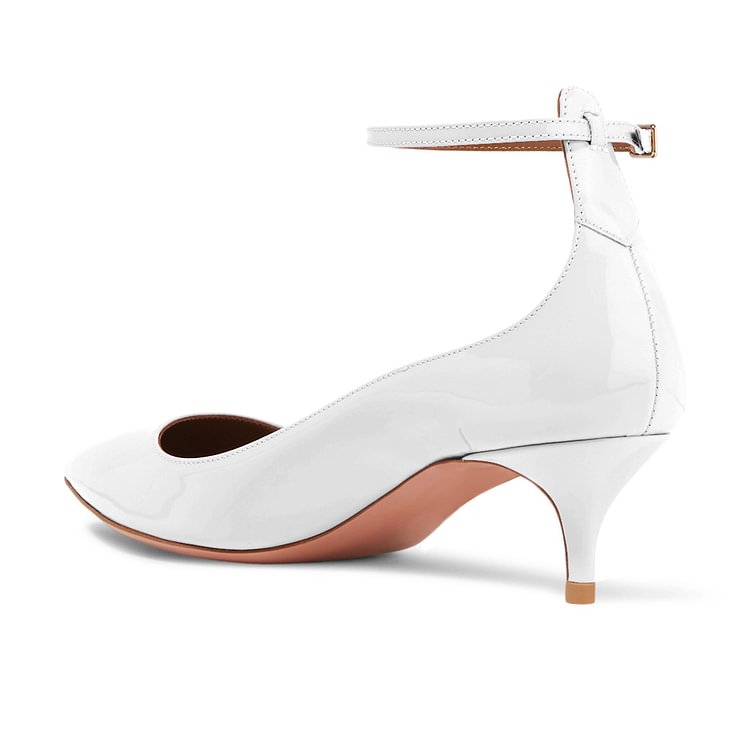 White Patent Leather Ankle Strap Heels Pointed Toe Kitten Heels Shoes |FSJ Shoes