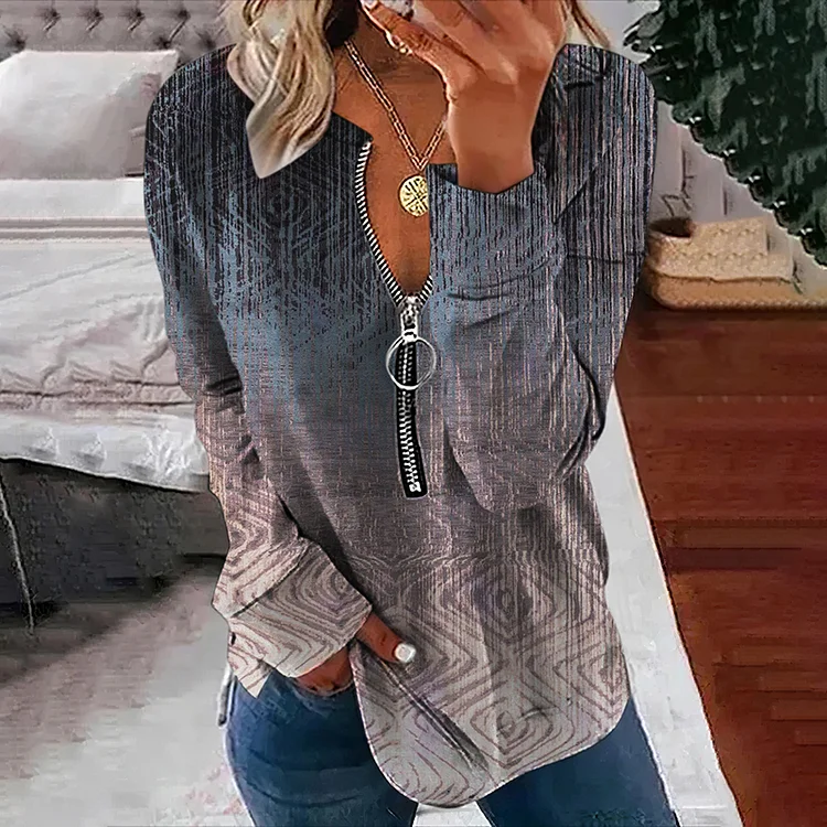 Vefave Vintage Gradient Print V Neck Zip Up Sweatshirt