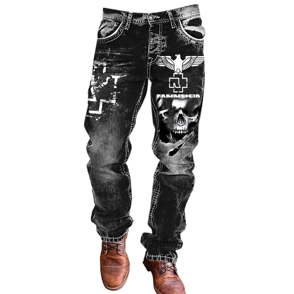 Men's Cargo Pants Rammstein Rock Band Skull Print Vintage Distressed Utility Outdoor Pants / TECHWEAR CLUB / Techwear