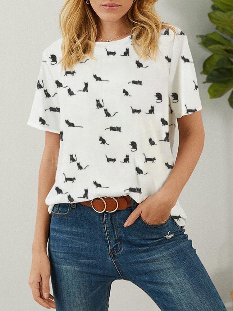 Short Sleeve Cat Print Casual Women O neck T Shirt P1847690