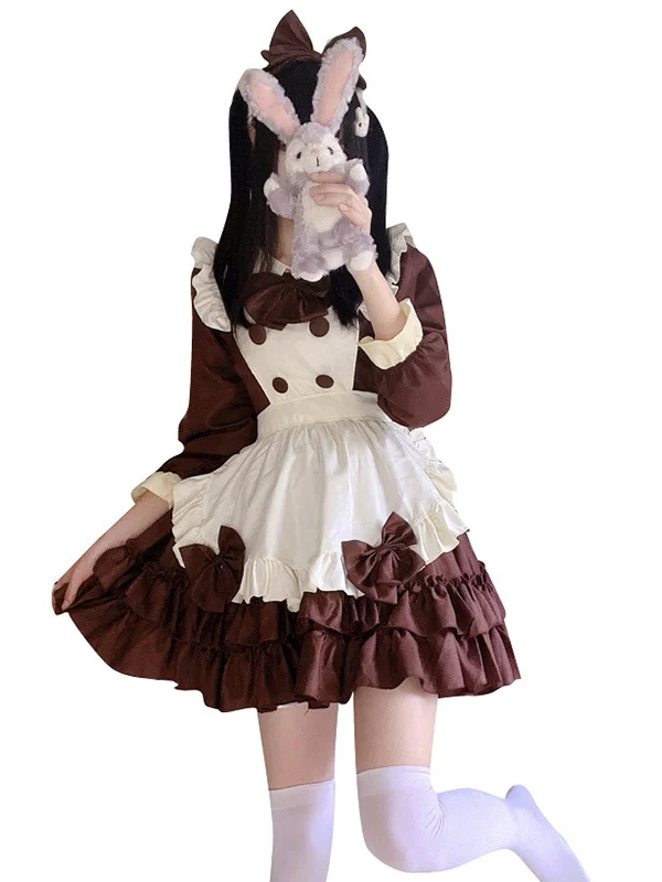Lolita Bowknot Long Sleeve Tiered Paneled Peter Pan Collar Mini Maid Dress