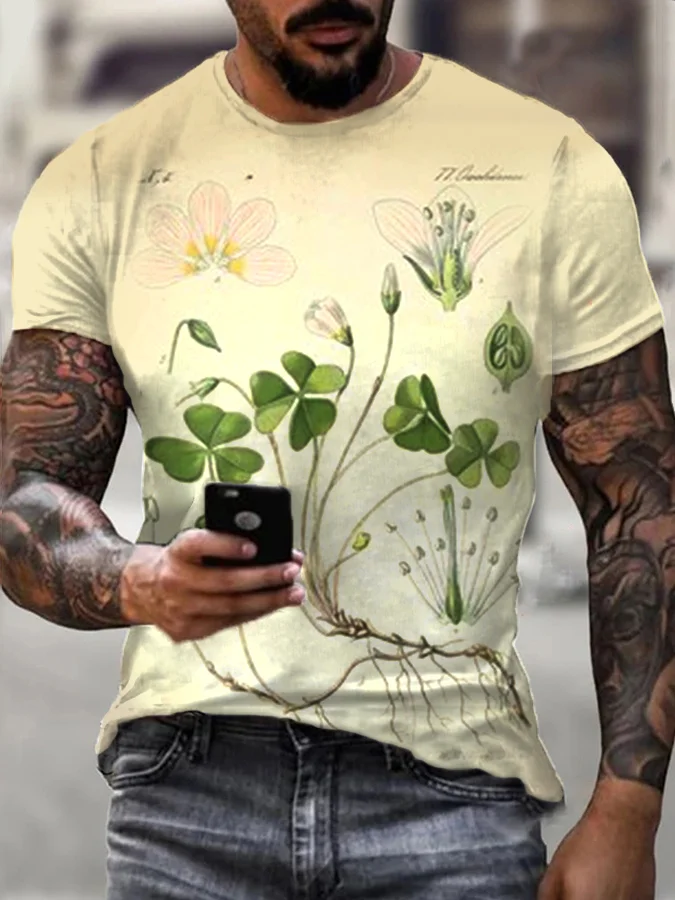 Men's Retro St. Patrick's Day Shamrock Clover Leaf Floral Print Tee
