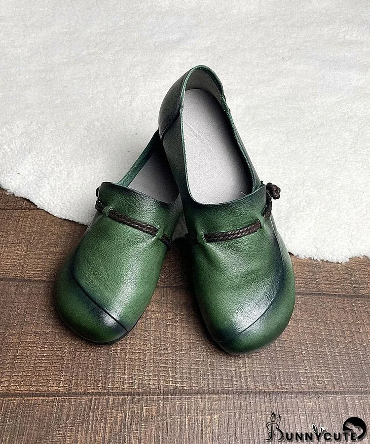 Retro Green Cowhide Leather Splicing Cross Strap Flats Shoes