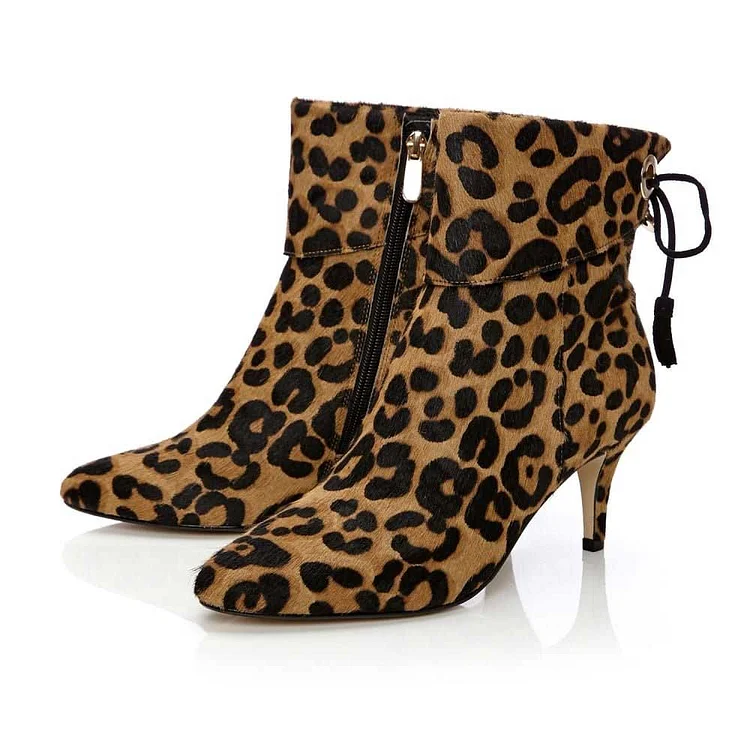 Brown Leopard Print Fold Over Lace-Up Low Heel Booties for Women |FSJ Shoes