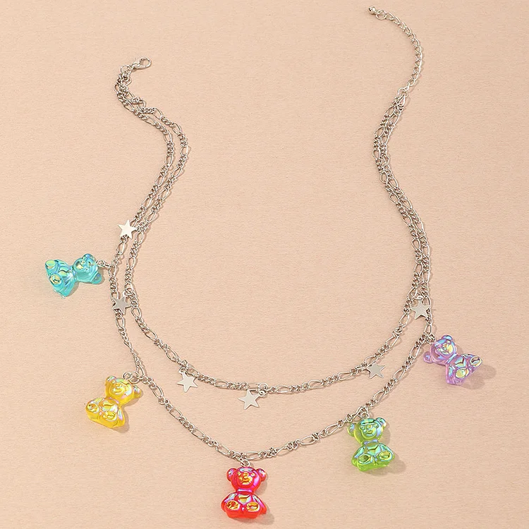 Fashion Ornament Disco Cool Girl Transparent Resin Magic Color Bear Five-Pointed Star Necklace Necklace