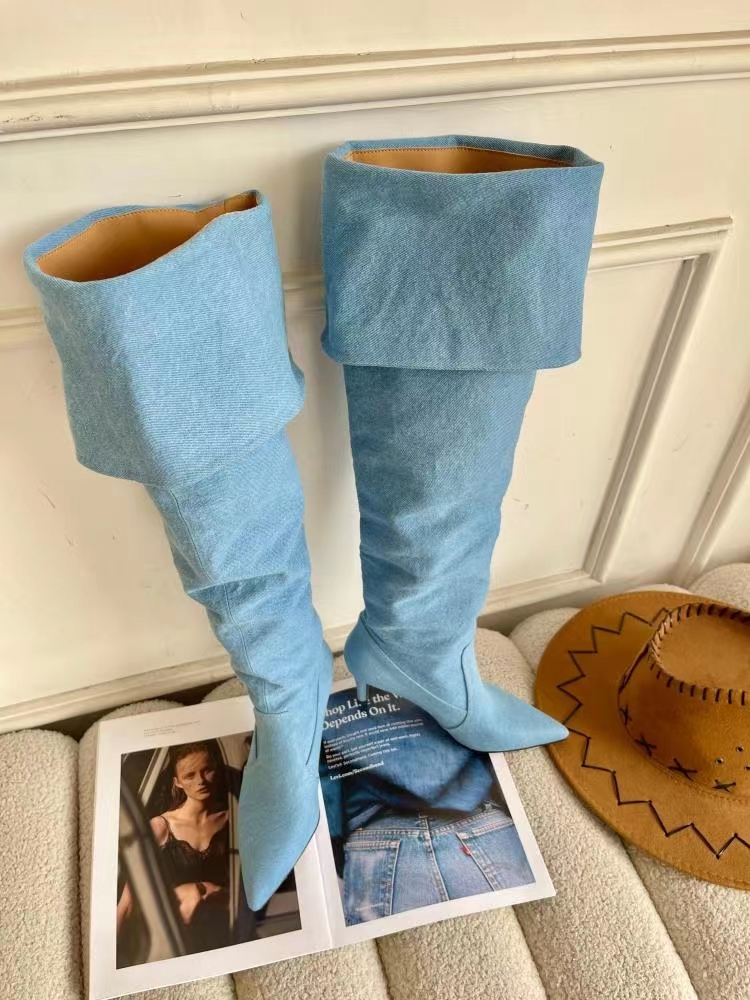 TAAFO Blue Jeans Over-The-Knee Boots Paris Runway Women Boots Stiletto Pointed Toe Heels Spice Girls Thigh-High Boots