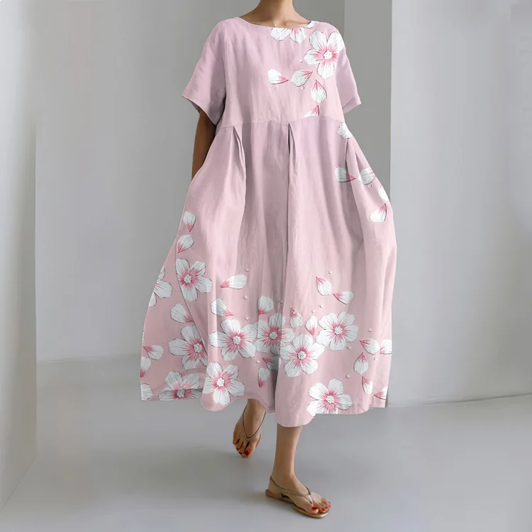 Comstylish Casual Japanese Art Sakura Print Crew Neck Linen Blend Dress