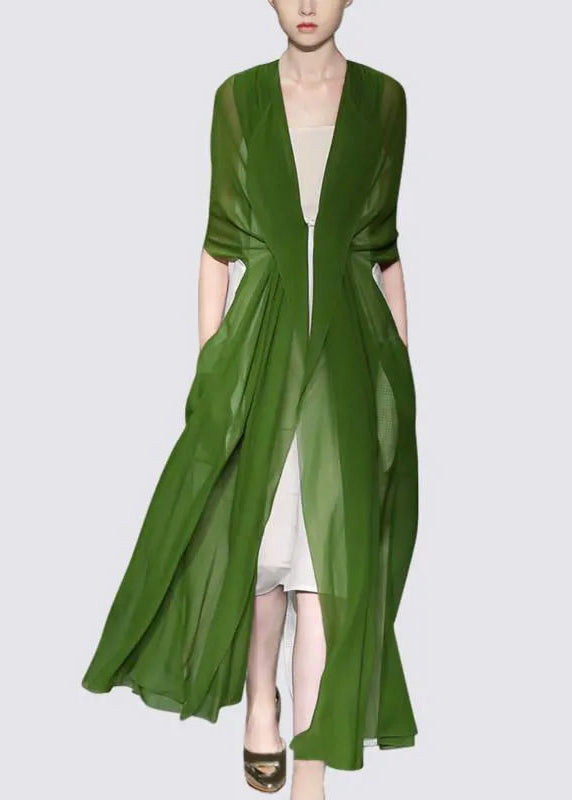 Elegant Green V Neck Jacquard Silk Robe Dresses Batwing Sleeve