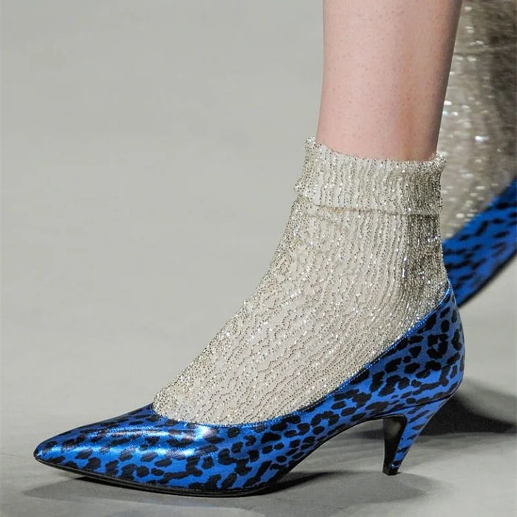 Royal Blue Leopard Print Heels Pointy Toe Cone Heel Pumps |FSJ Shoes