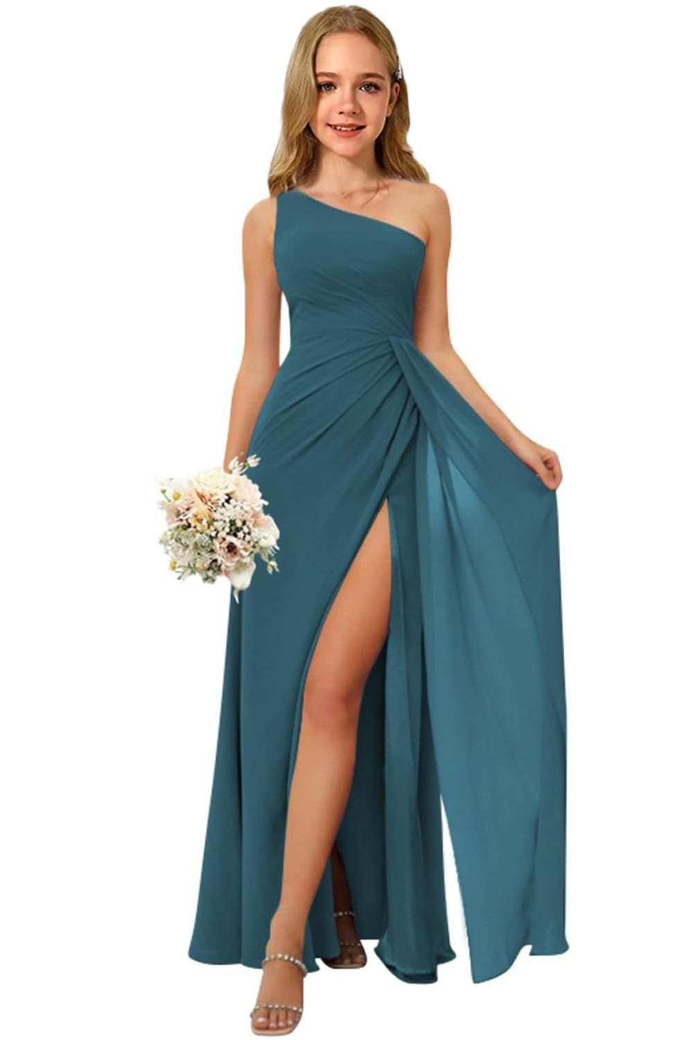 Elegant Asymmetric Sleeveless Split Pleated Junior Bridesmaid Dress JB030