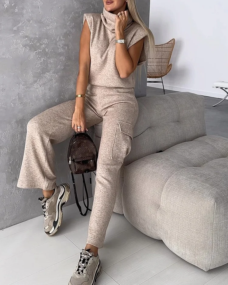 Solid Color Turtleneck Waistcoat Top & Work Casual Pants Two-piece Set