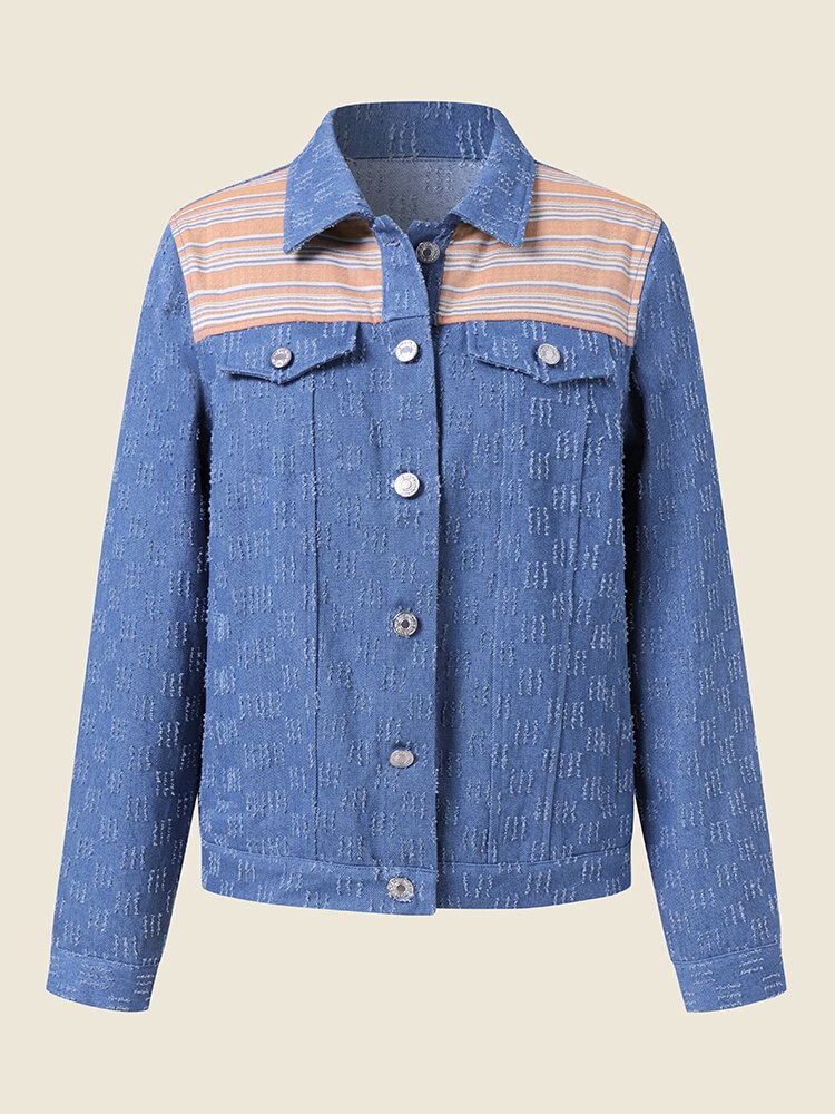 Contrast Stripe Jacquard Button Front Long Sleeve Denim Jacket