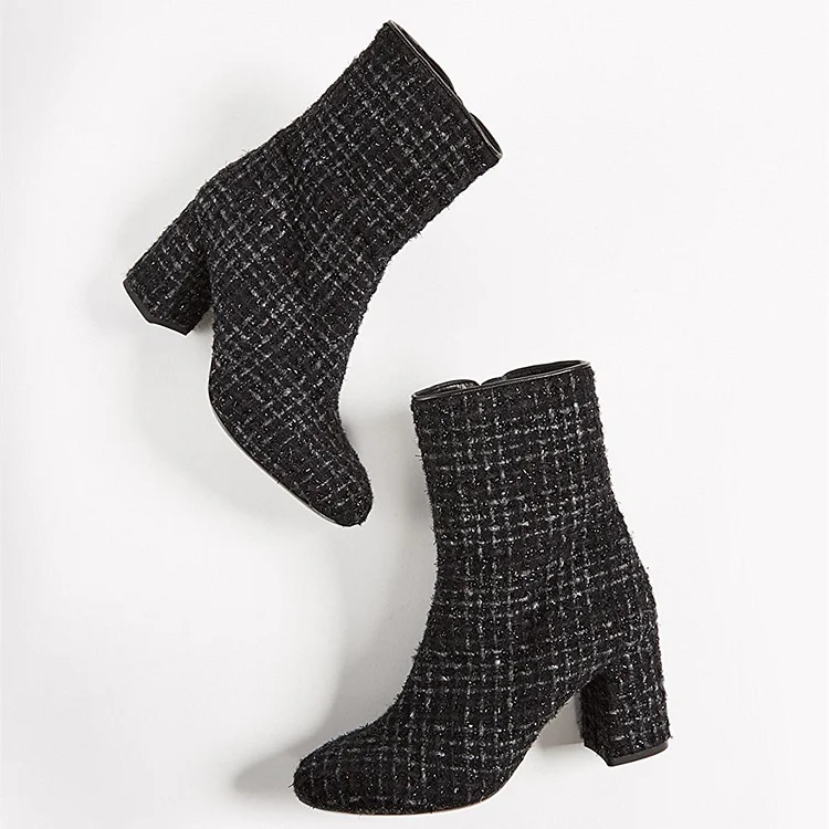 Black Tweed Block Heel Zipper Ankle Booties Vdcoo
