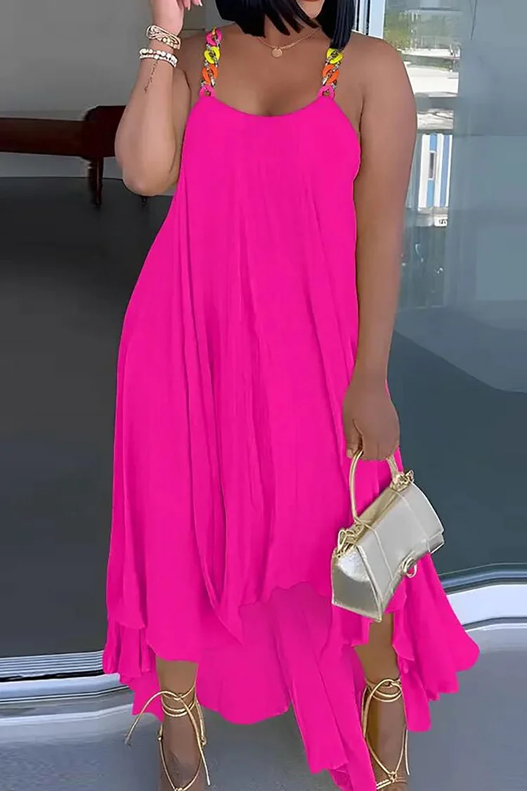 Chain Cami Loose Fit Pleated Flowy Asymmetric Hem Vacation Midi Dresses
