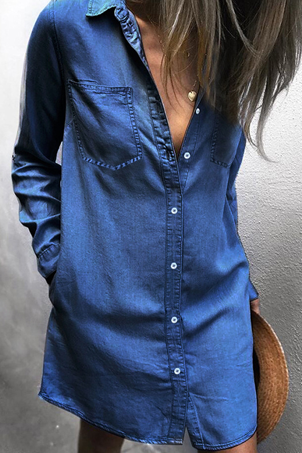 Casual Solid Pocket Buckle Turndown Collar Shirt Dress Dresses - Life is Beautiful for You - SheChoic