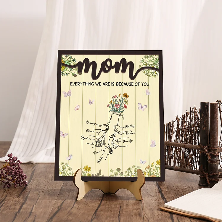 Personalized 9 Names Wooden Plaque Holding Mom's Hand Desktop Decoration With Stand - EVERYTHING WE ARE IS BECAUSE OF YOU