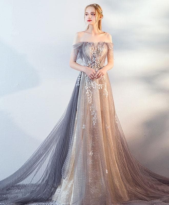Gray Tulle Lace Long Prom Dress, Gray Tulle Lace Evening Dress