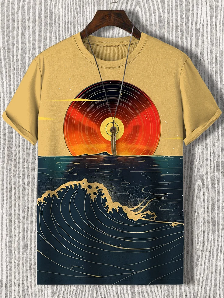 Men's Retro Sea Waves Sunset Vinyl Art Print Casual T-Shirt