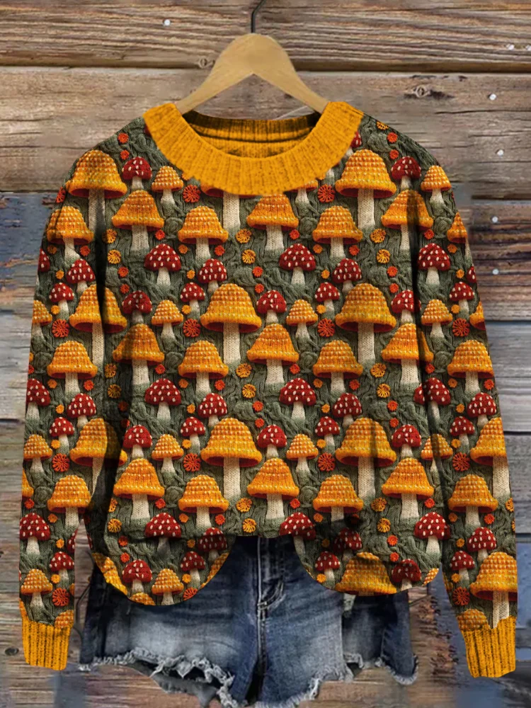 VChics Floral Mushroom Embroidery Art Comfy Sweater
