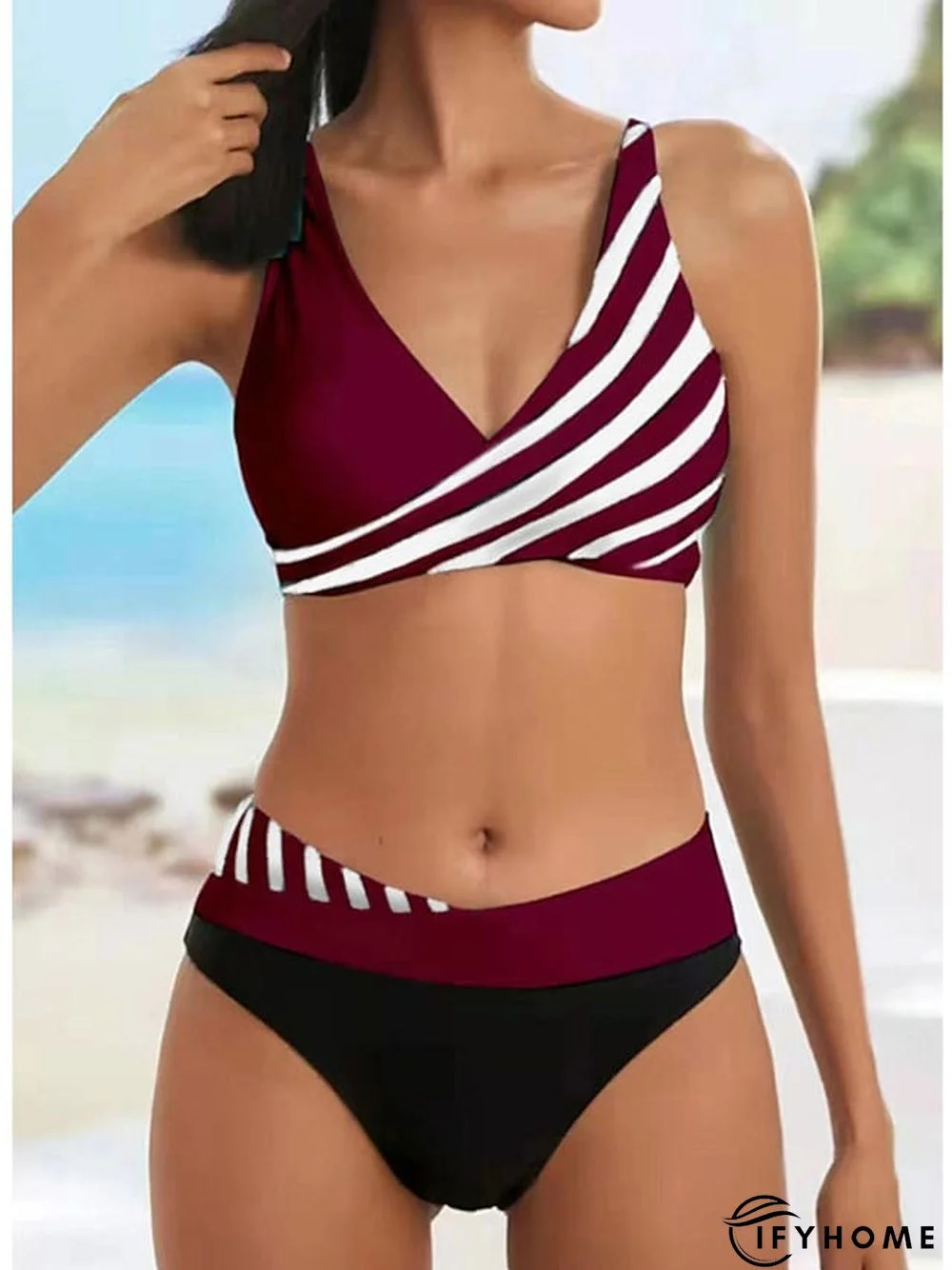 Women's Swimwear Bikini Plus Size Swimsuit 2 Piece Printing Striped Black Pink Red Blue Bathing Suits Sports Beach Wear Summer | IFYHOME