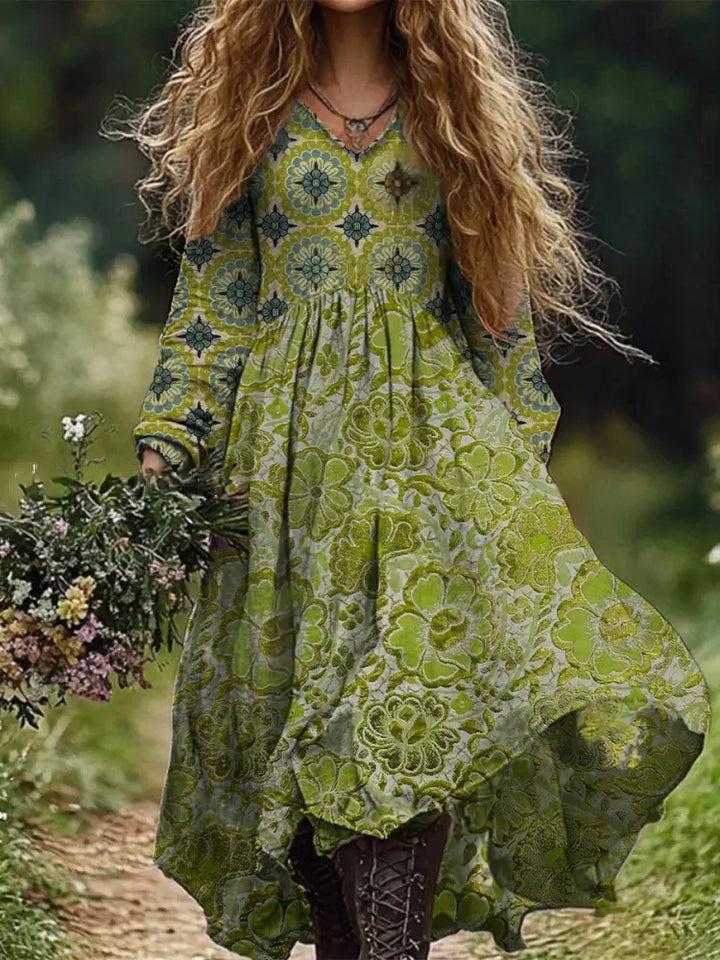 Vintage col en V bohème imprimé floral élégant Chic Loose Midi Dress main image 1