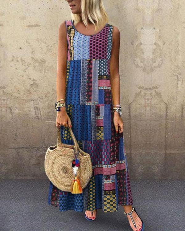 crew neck women dresses shift daytime printed patchwork maxi dress p118720