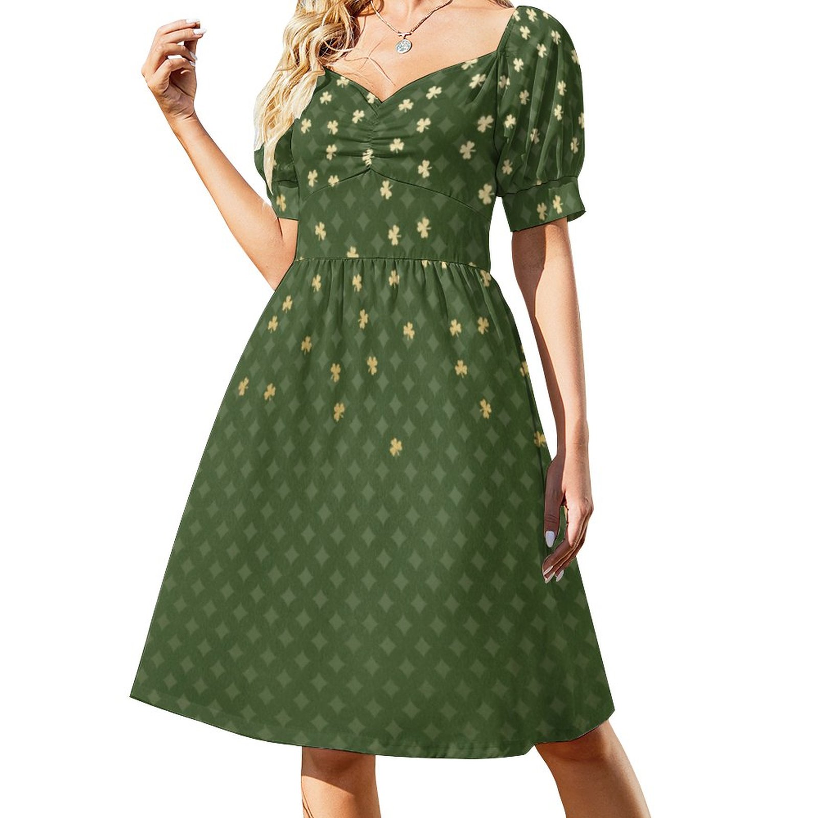 St Patricks Day Green Diamond Gold Shamrock Dress Women Boho High Waist Flared Puff Sleeve Cute Sweetheart Midi Dress Green-XL St Patricks Day Green Diamond Gold Shamrock Dress Women Boho High Waist Flared Puff Sleeve Cute Sweetheart Midi Dress Green-XL