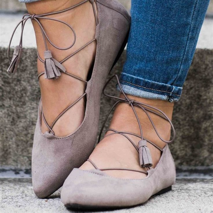 Grey Strappy Shoes Suede Lace up Flats Comfy Shoes for Women |FSJ Shoes