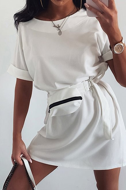 Scoop Roll Up Sleeve Casual Dress With Belt - Shop Trendy Women's Clothing | LoverChic