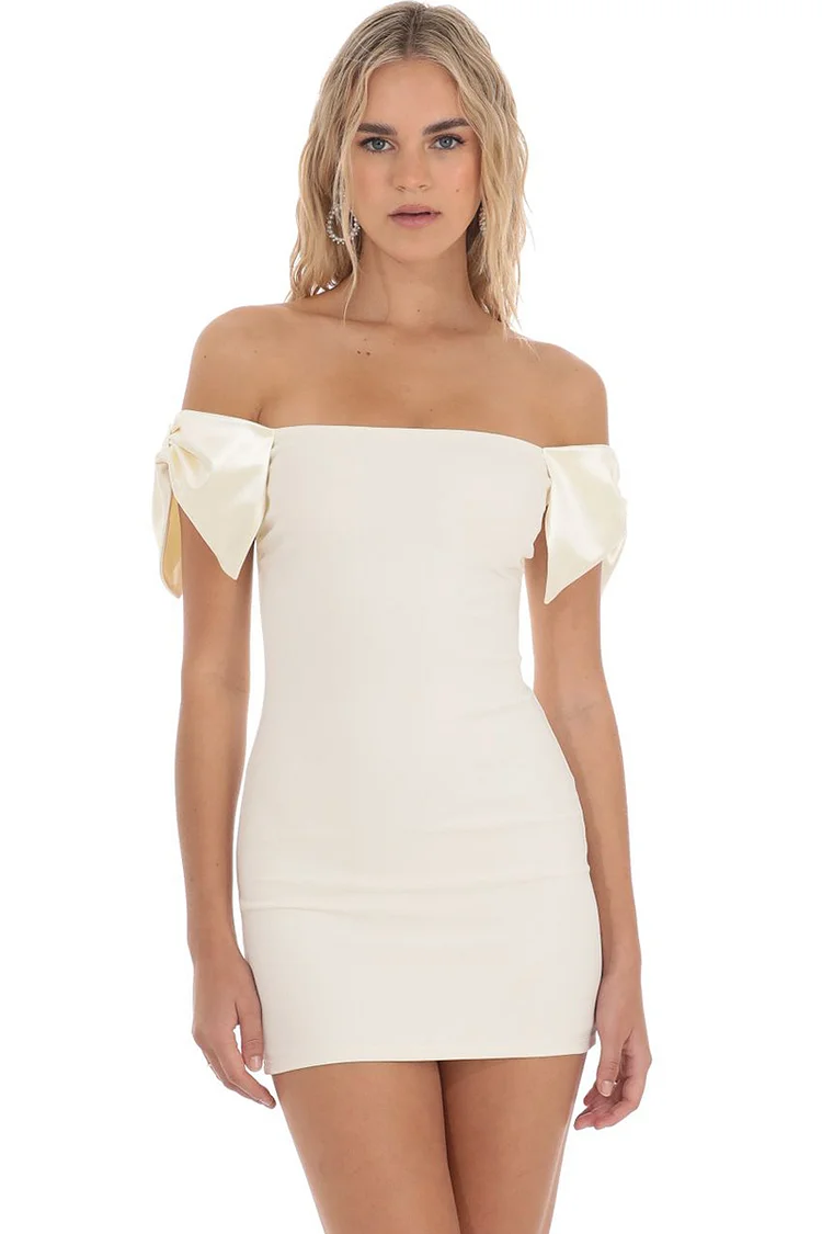 Off Shoulder Bow Decor Slim-Fit Elegant Party Mini Dresses-White [Pre Order]