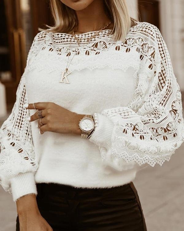 Solid Lace Round Neck Casual Sweaters - Chicaggo