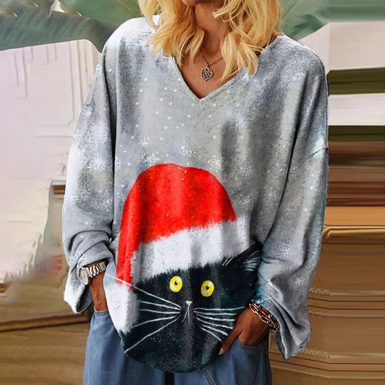 Vefave Christmas Cat Print V-Neck Casual T-Shirt