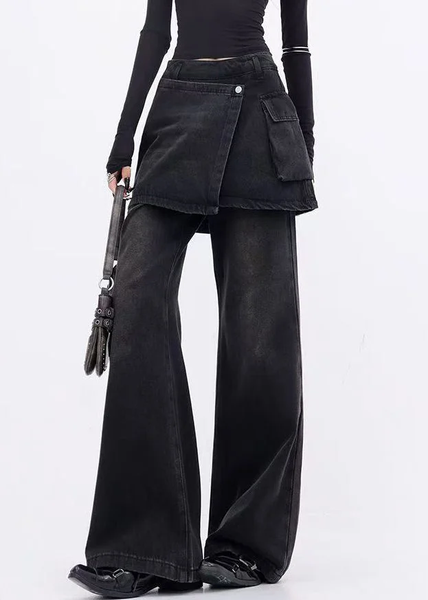 Modern Black False Two Pieces Patchwork Denim Flared Trousers Spring