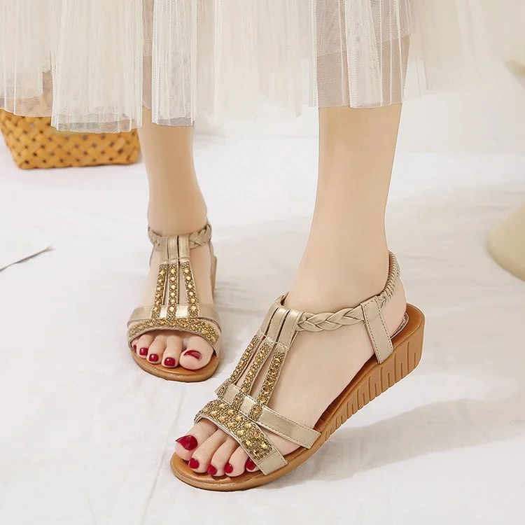 Women Rhinestone Solid Color Braided Ankle Strap Wedge Sandals
