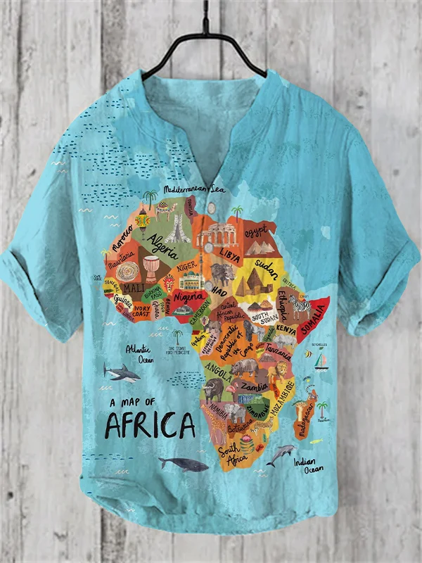 Men's Africa Landmarks Travel Map Print Half Button Linen Blend Shirt
