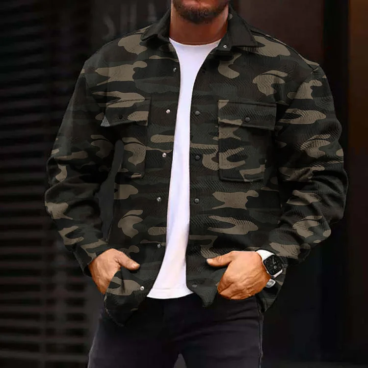 Broswear Men's Camouflage Gray Causal Long Sleeve Shirts Jacket