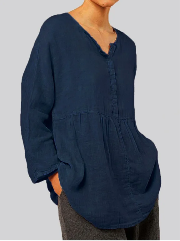 Plus Size  Cotton Casual V-neck Long Sleeve Tunic Tops VangoghDress