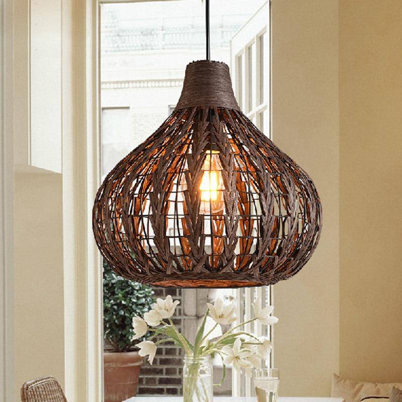 Rustic Ribbed Rattan Pendant Lights for Dining Room Table