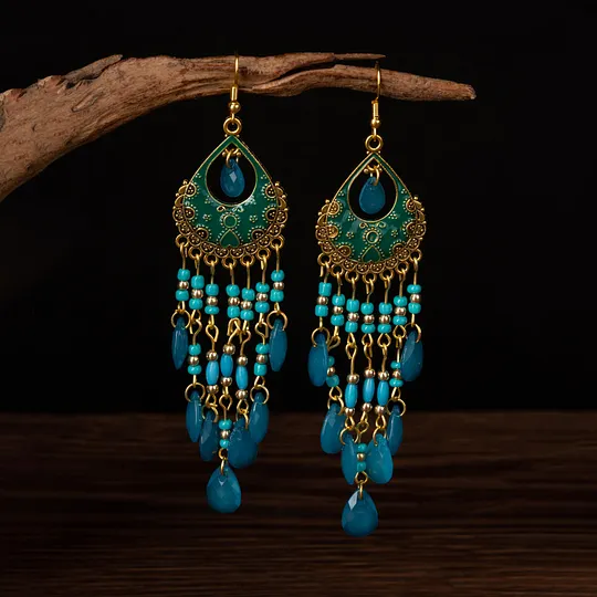National wind crystal tassel earrings Bohemian temperament earrings retro long shawl accessories a generation of hair women