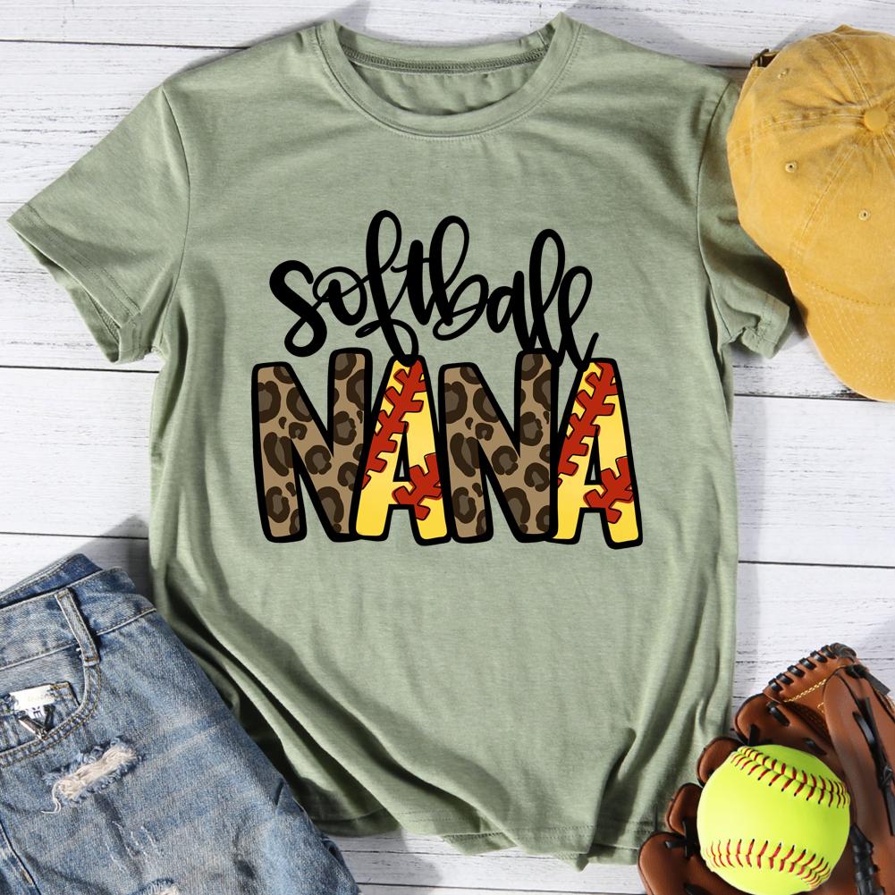 Softball Nana Leopard Round Neck T-shirt-Guru-buzz