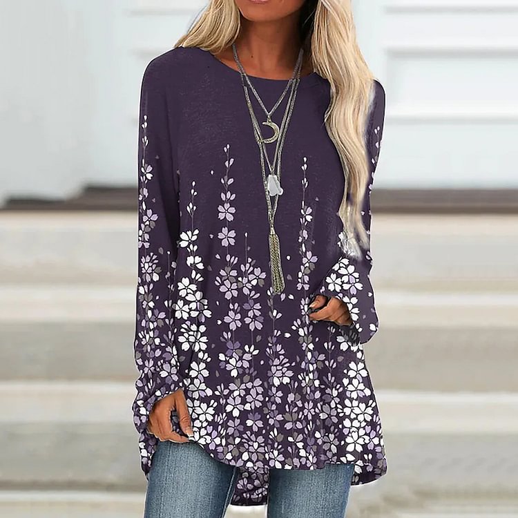 Comstylish Floral Printed Round Neck Long Sleeve Tunic