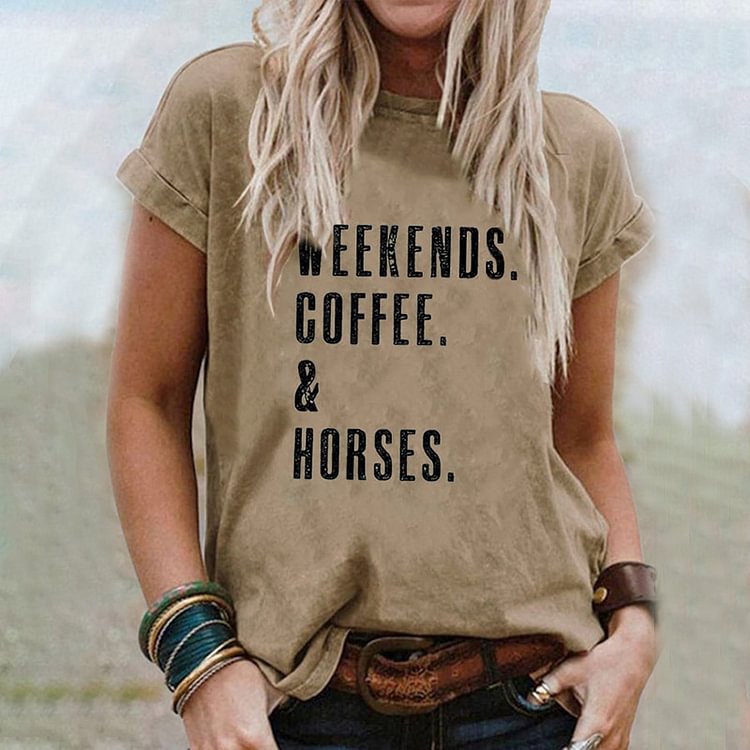 Vefave Ethnic Western WEEKENDS. COFFEE. & Horses Print T-Shirt