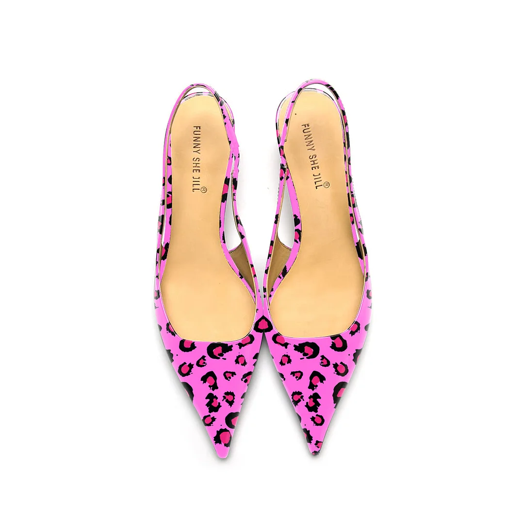 Pink Leopard Print Patent Leather Pointed Toe Elegant Kitten Heel Slingback Dress Pump Shoes Nicepairs