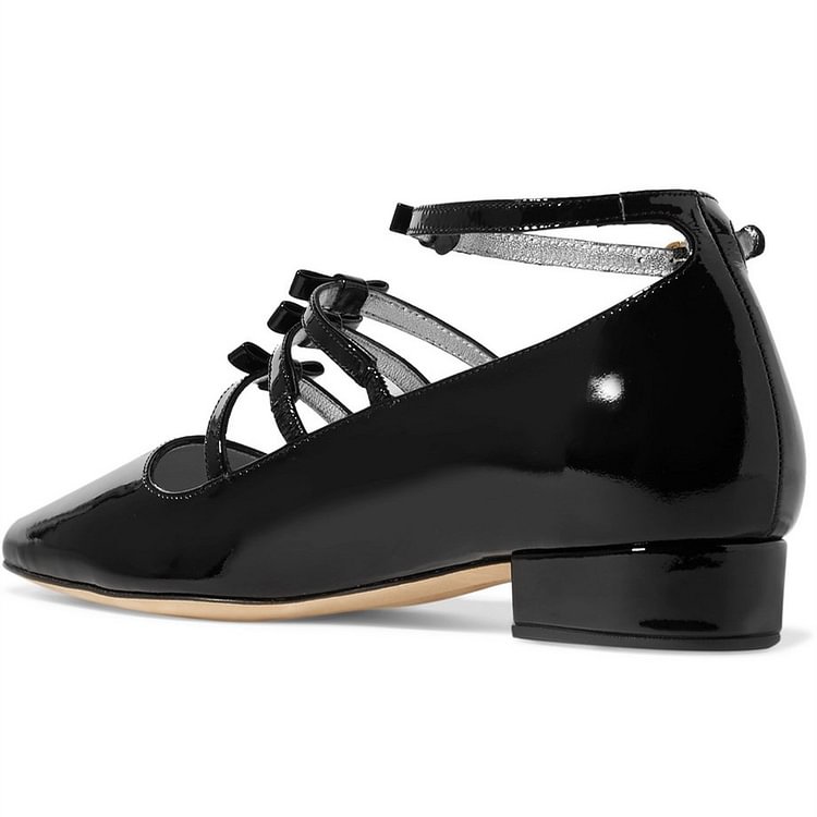 Black Patent Leather Tri-straps Ankle Strap Block Heel Mary Jane Pumps |FSJ Shoes