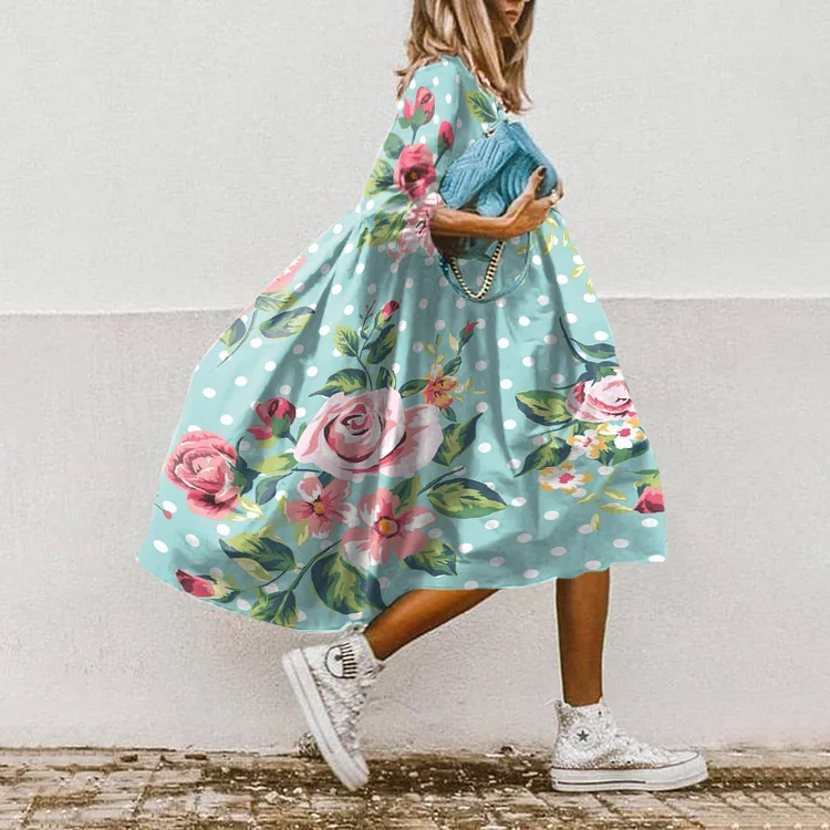 Vefave Rose Polka-Dot Print Midi Dress