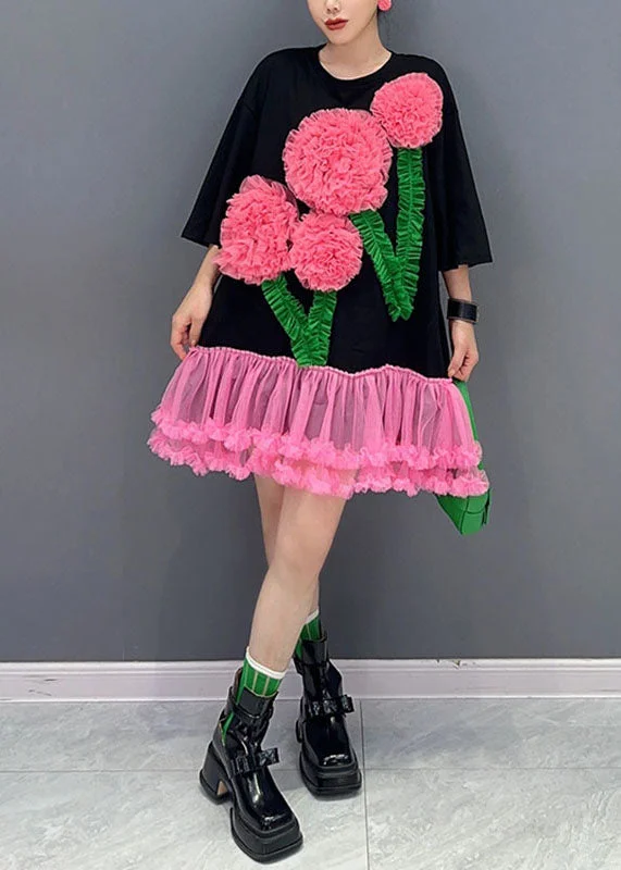 Italian Black O-Neck Floral Tulle Patchwork Mid T Shirts Dress Long Sleeve