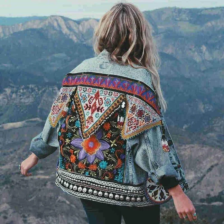 BOHO FLORAL APPLIQUES VINTAGE DENIM JACKET V184