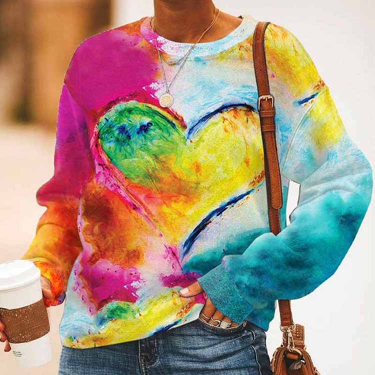 Comstylish Colorful Heart Print Long Sleeve Sweatshirt