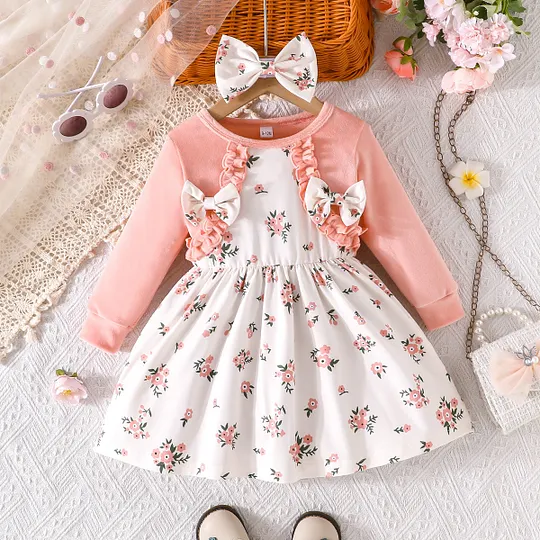 【6M-3Y】Girls Sweet Colorblock Bow Floral Dress With Headscarf