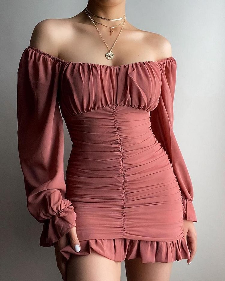 Off Shoulder Ruched Bell Sleeve Ruffles Dress - Shop Trendy Women's Clothing | LoverChic